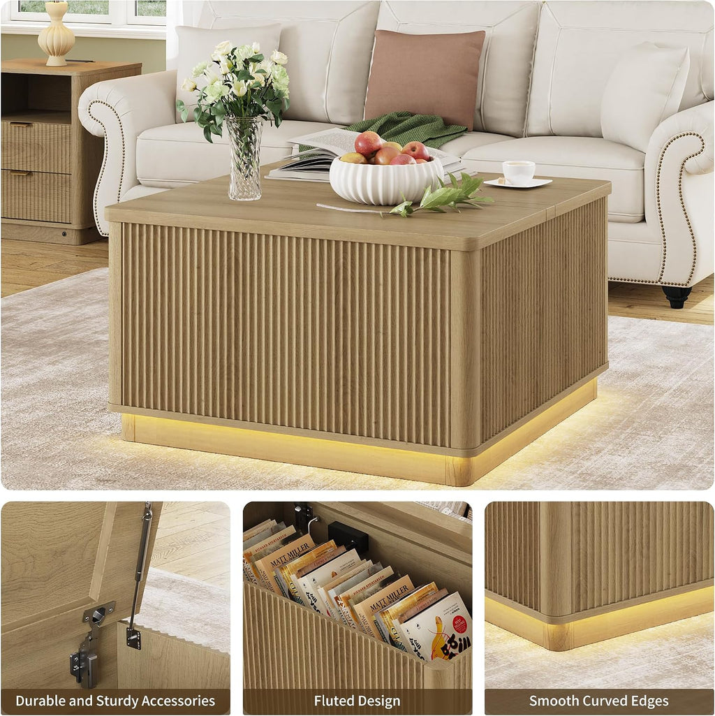 Modern Lift Top Coffee Table with Storage, Square Coffee Tables with LED Lighting and Power Outlet, Wooden Square Center Table for Living Room, Home Office, Natural