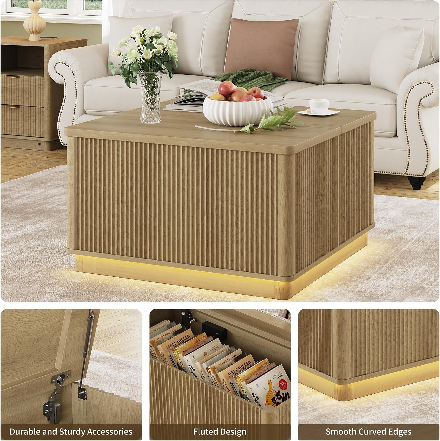 Modern Lift Top Coffee Table with Storage, Square Coffee Tables with LED Lighting and Power Outlet, Wooden Square Center Table for Living Room, Home Office, Natural