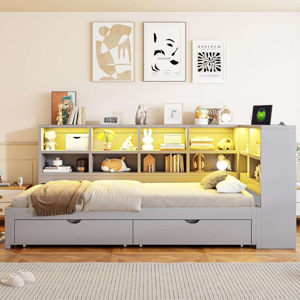 Wood Daybed Twin XL to King Size with 2 Storage Drawers and L-shaped Storage Cabinets, L-Shaped Corner Platform Bed Frame with LED Light and USB Ports for Office Living Room Bedroom (Gray-2.14)
