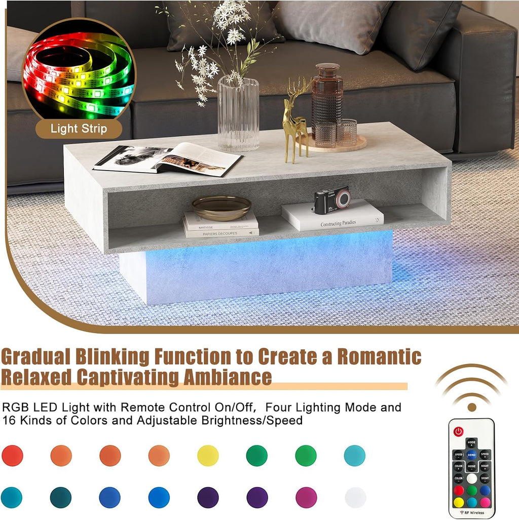 HedoAjim LED Coffee Table with 2 Storage Drawers for Living Room, Center Middle Table Modern Cocktail Table Tea Tables, Mid Century Rectangular Wood Coffee Table Home Office Waiting Room, Grey