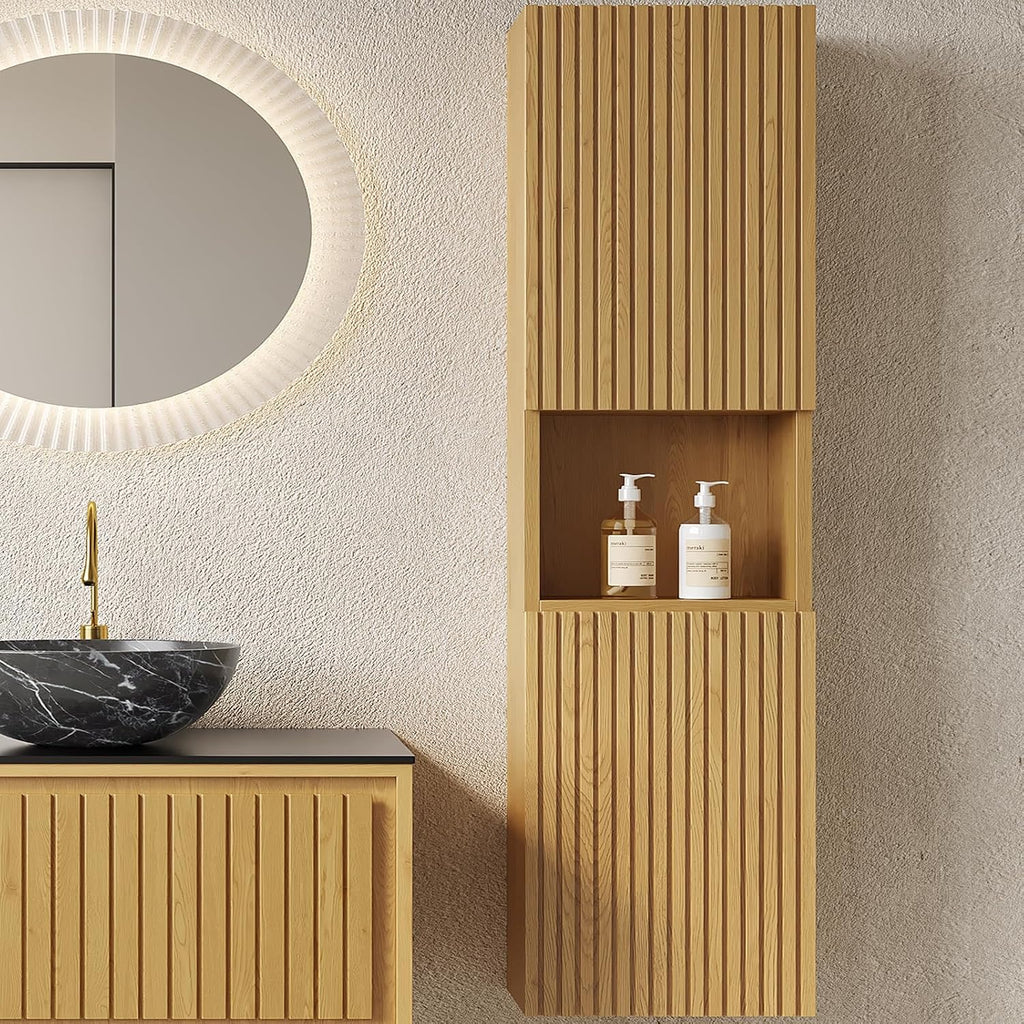 14-Inch Floating Bathroom Vanity Side Cabinet, 59' Tall Narrow Wood Storage Cabinet with Door and Shelf, Suitable for Small Spaces, Corners, Bathroom, Living Rooms and Laundry, Oak