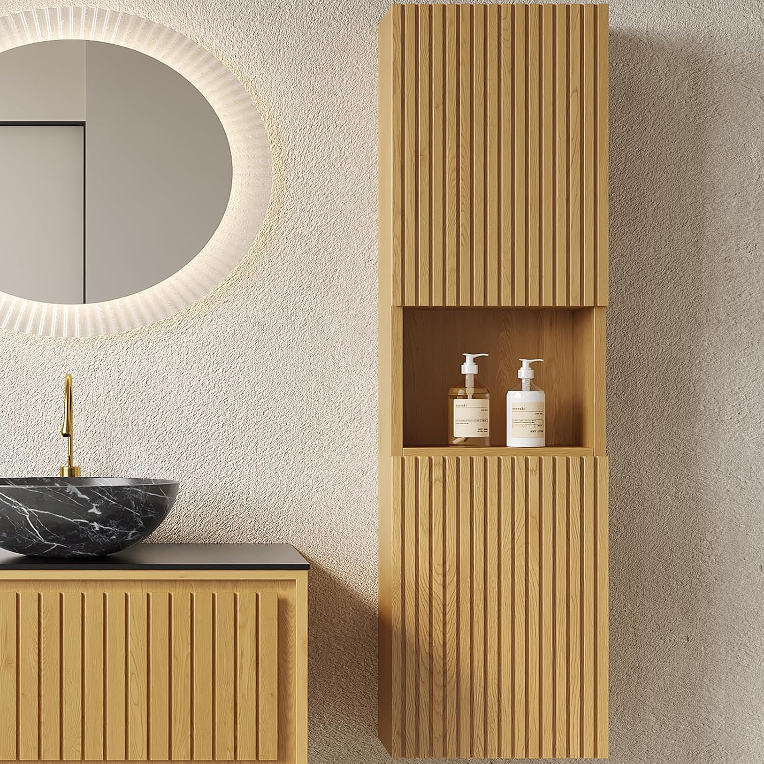 14-Inch Floating Bathroom Vanity Side Cabinet, 59' Tall Narrow Wood Storage Cabinet with Door and Shelf, Suitable for Small Spaces, Corners, Bathroom, Living Rooms and Laundry, Oak