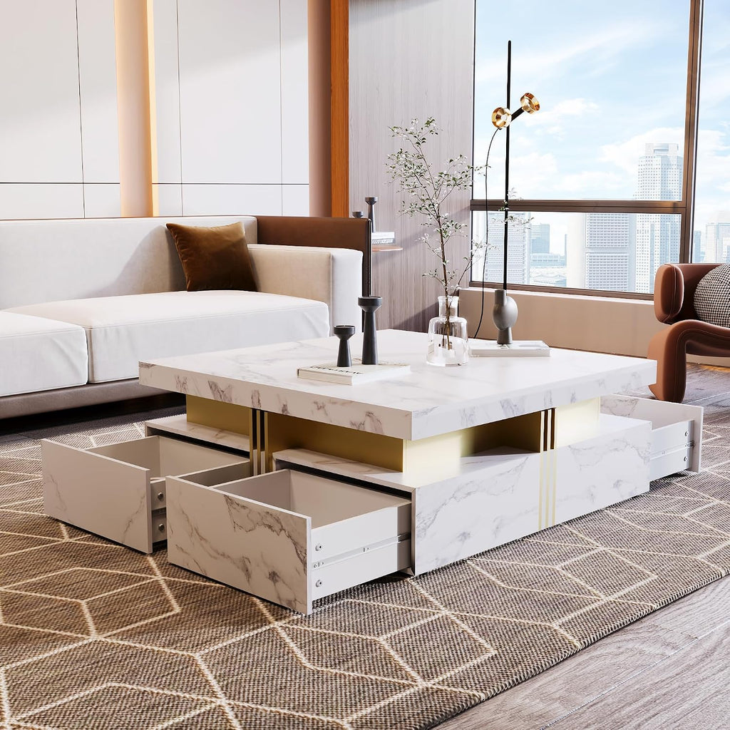 Modern White Square Storage Coffee Table with 4 Drawers for Living Room
