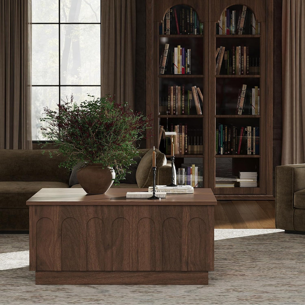 FORTUNETEC Lift Top Coffee Table with Storage, Modern Coffee Table with Arched Design, 31.5' Square Tea Table with Wood Grain, Minimalist Multifunctional Center Table for Living Room, Office, Walnut
