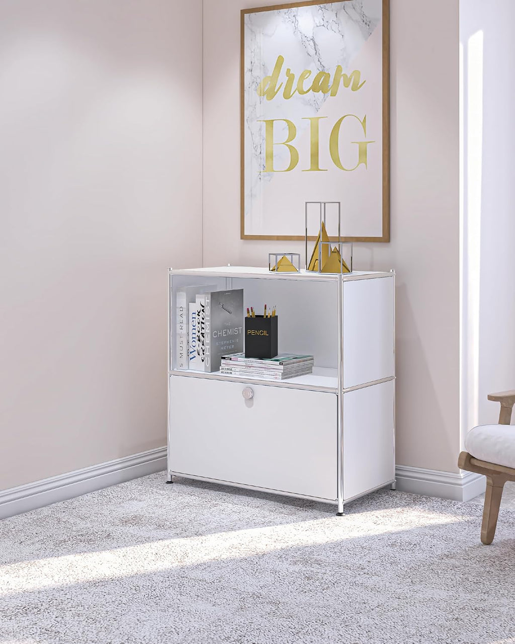 32.5-Inch Flip-Top Storage Cabinet with Detachable Wheels, Metal Side Table and Small Sideboard Cabinet for Living Room, Bedroom, Office, Orange