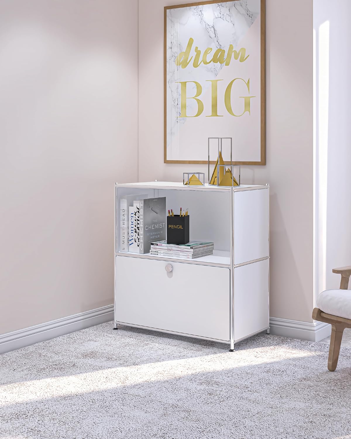 32.5-Inch Flip-Top Storage Cabinet with Detachable Wheels, Metal Side Table and Small Sideboard Cabinet for Living Room, Bedroom, Office, Orange