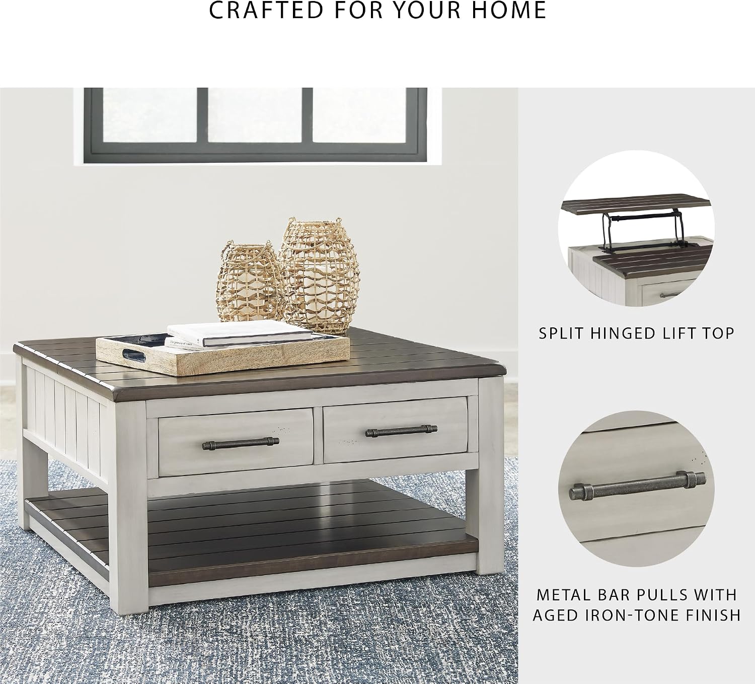 Signature Design by Ashley Darborn Farmhouse Lift-Top Coffee Table with Drawers, Lower Shelf and Casters, Light Gray & Dark Brown