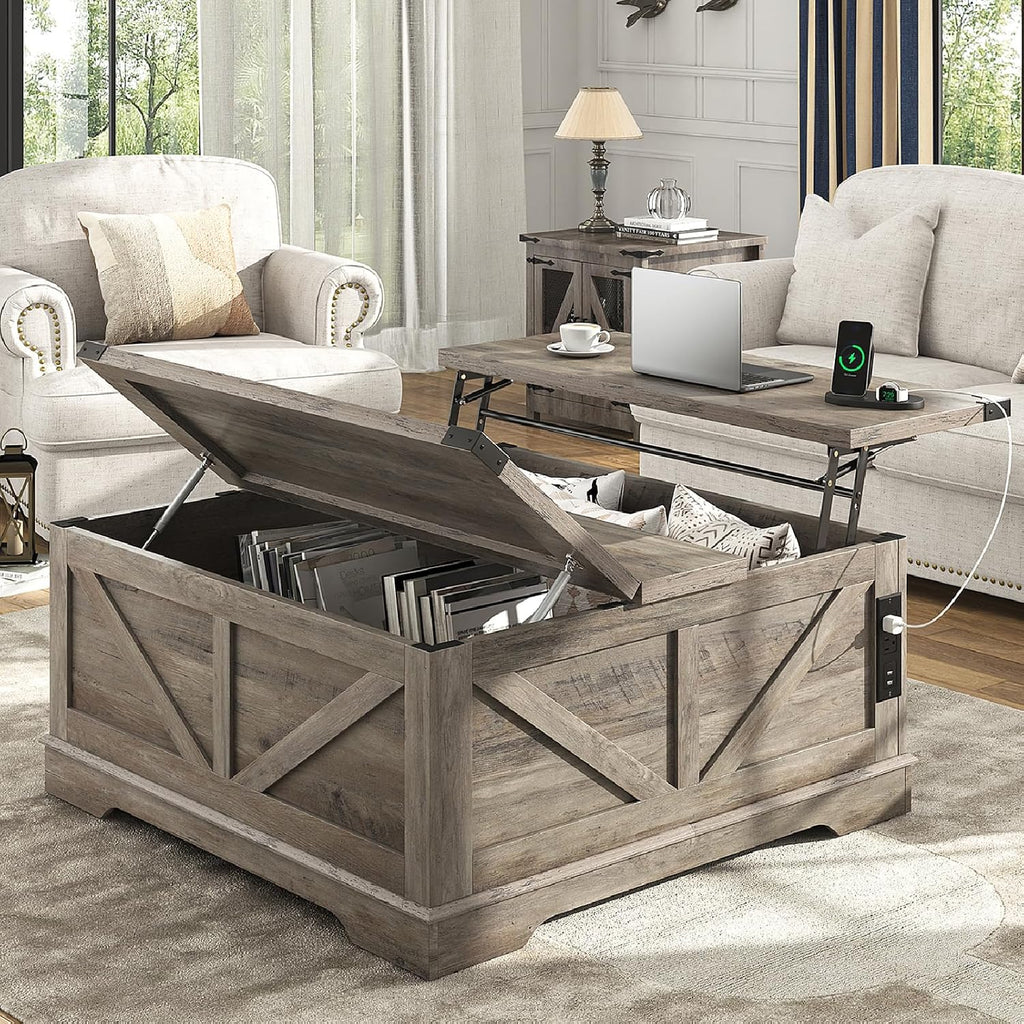 Hlivelood 40' Large Farmhouse Lift Top Coffee Table with Power Outlets and Large Hidden Storage, Square Wood Living Room Tables, Multi-Function Lift Wooden Barn Door Center Table, Grey