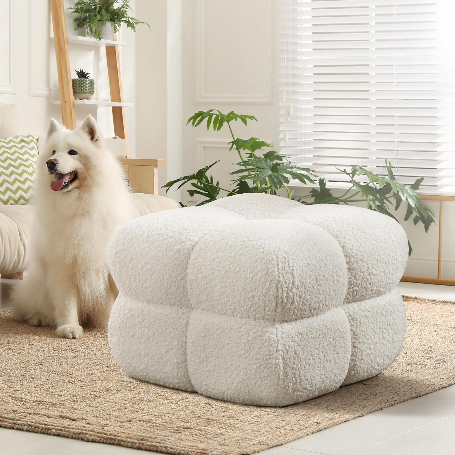 ONEVOG 21' Cream White Modern Ottoman, Square Fuzzy Couch Sherpa Pouf Ottoman, Tufted Fluffy Boucle Fabric Foot Stools, Upholsered Footrest & Coffee Table for Living Room Bedroom, Cute Pouf Home Decor