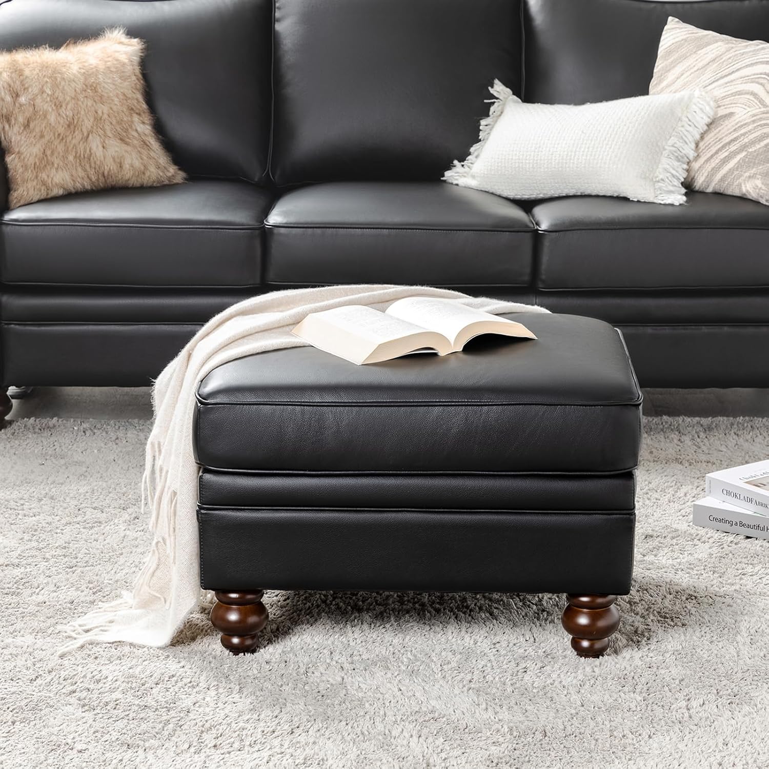 HULALA HOME Genuine Leather Ottoman Coffee Table, Ottoman Foot Rest for Living Room, Black