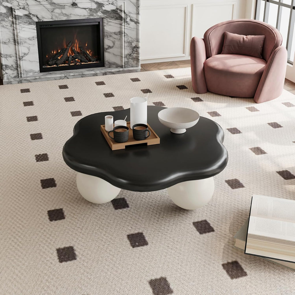 35.03' Cloud Coffee Table for Living Room Unique Coffee Table Modern Low Coffee Tables Cute Center Table with 3 Ball Legs for Small Space Apartment Cream Flower- Black & White