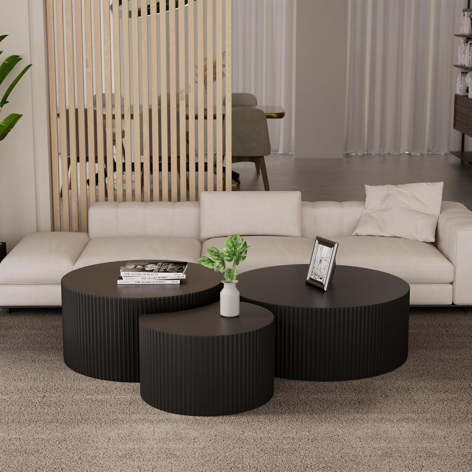 JUSTONE Black Round Coffee Table for Living Room, 35.43' Round Wood Circle Drum Coffee Table End Table Side Table for Home Office, Matte Black (ø35.4'' x 13.7'')