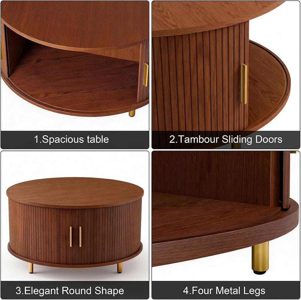DHH Round Coffee Table, 31.5' Mid Century Modern Coffee Table with 360° Sliding Tambour Door, Fluted Accent Coffee Table with Storage Adjustable Footpads for Living Room (Walnut)