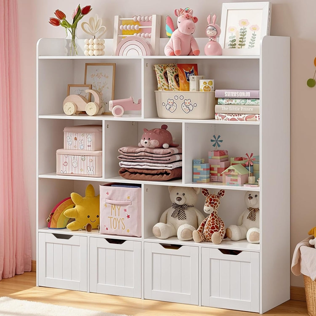 Gizoon Toy Storage Cabinet and Kids Bookcase with 4 Movable Drawers and 8 Open Shelves Toy Chest Shelf Organizer with Hidden Wheels for Playroom Nursery Kids Room, White, Painted