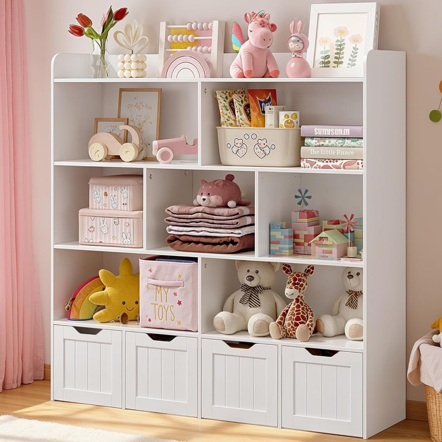 Gizoon Toy Storage Cabinet and Kids Bookcase with 4 Movable Drawers and 8 Open Shelves Toy Chest Shelf Organizer with Hidden Wheels for Playroom Nursery Kids Room, White, Painted