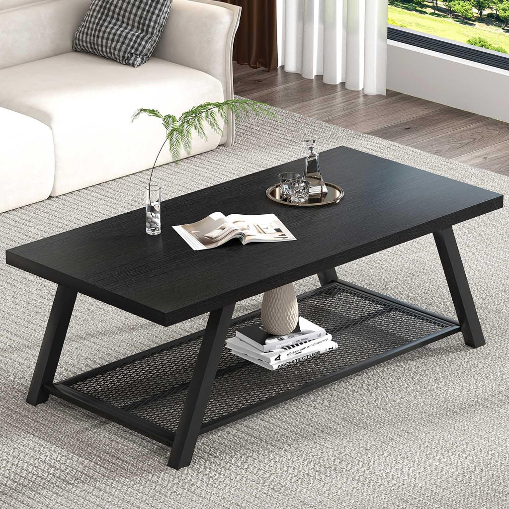 FOLUBAN Black Coffee Table with Storage, Modern Rustic Wood and Metal Coffee Tables for Living Room, 2-Tier Industrial Rectangle Cocktail Tea Table, 47 Inch