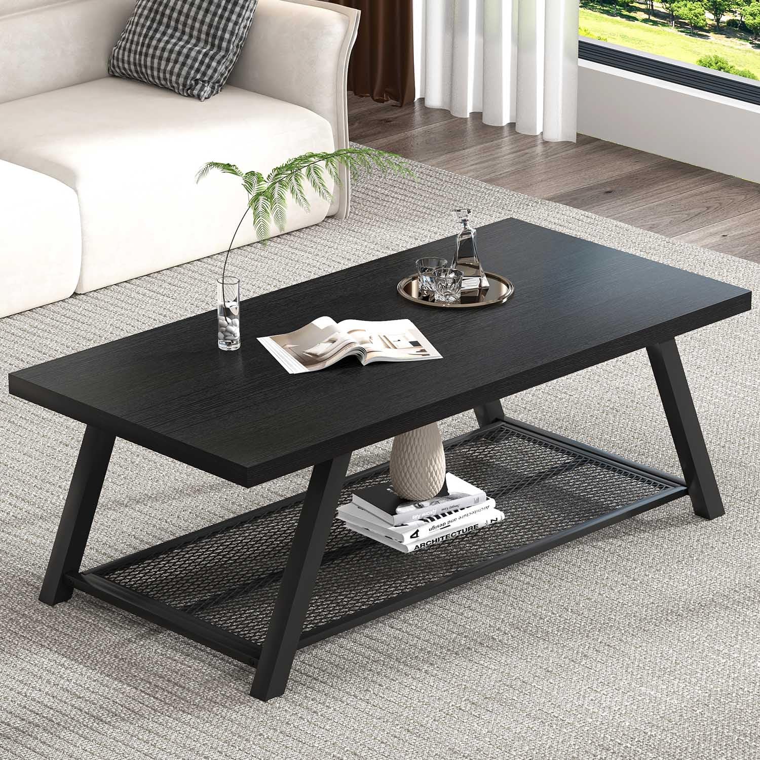 FOLUBAN Black Coffee Table with Storage, Modern Rustic Wood and Metal Coffee Tables for Living Room, 2-Tier Industrial Rectangle Cocktail Tea Table, 47 Inch