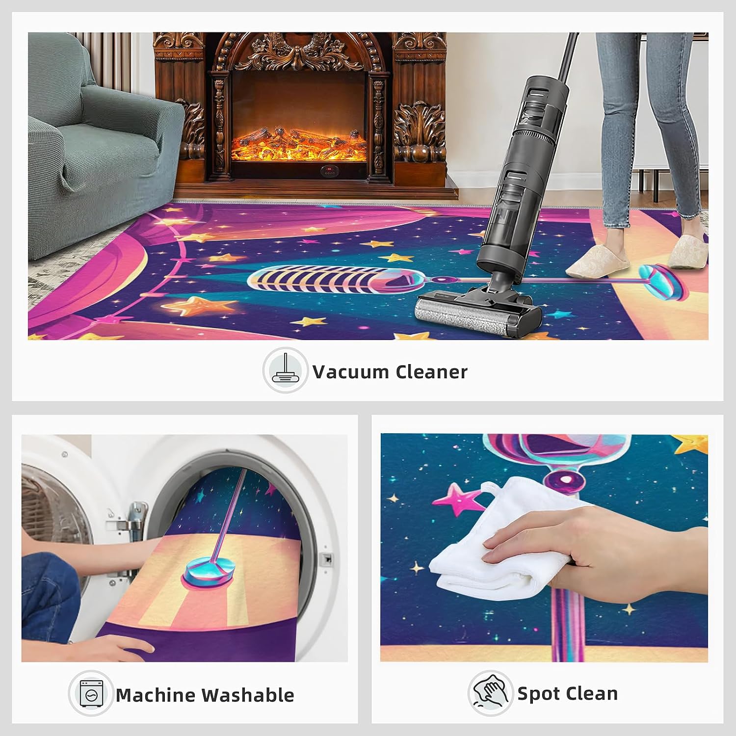 Microphone Area Rug 5x7-5x7 Rug, Cartoon Stars Area Rugs for Living Room, Music Washable Rugs for Bedroom, Kids Carpet, Musical Carpet - Microphone Home Decor & Gift