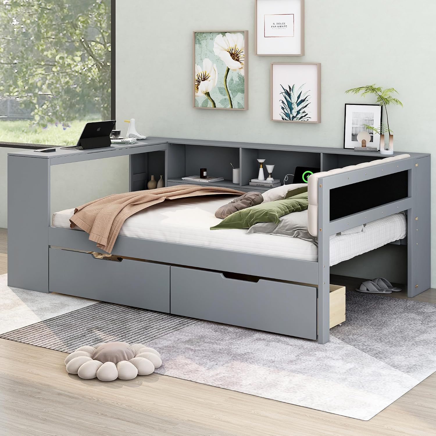 Bellemave Full Size Corner Bed Frame with Storage Drawers and Desk,Captain Daybed with L-Shaped Bookcase,Corner Bed Frame Full Size with Charging Station for Kids,Teens,Guests,Gray