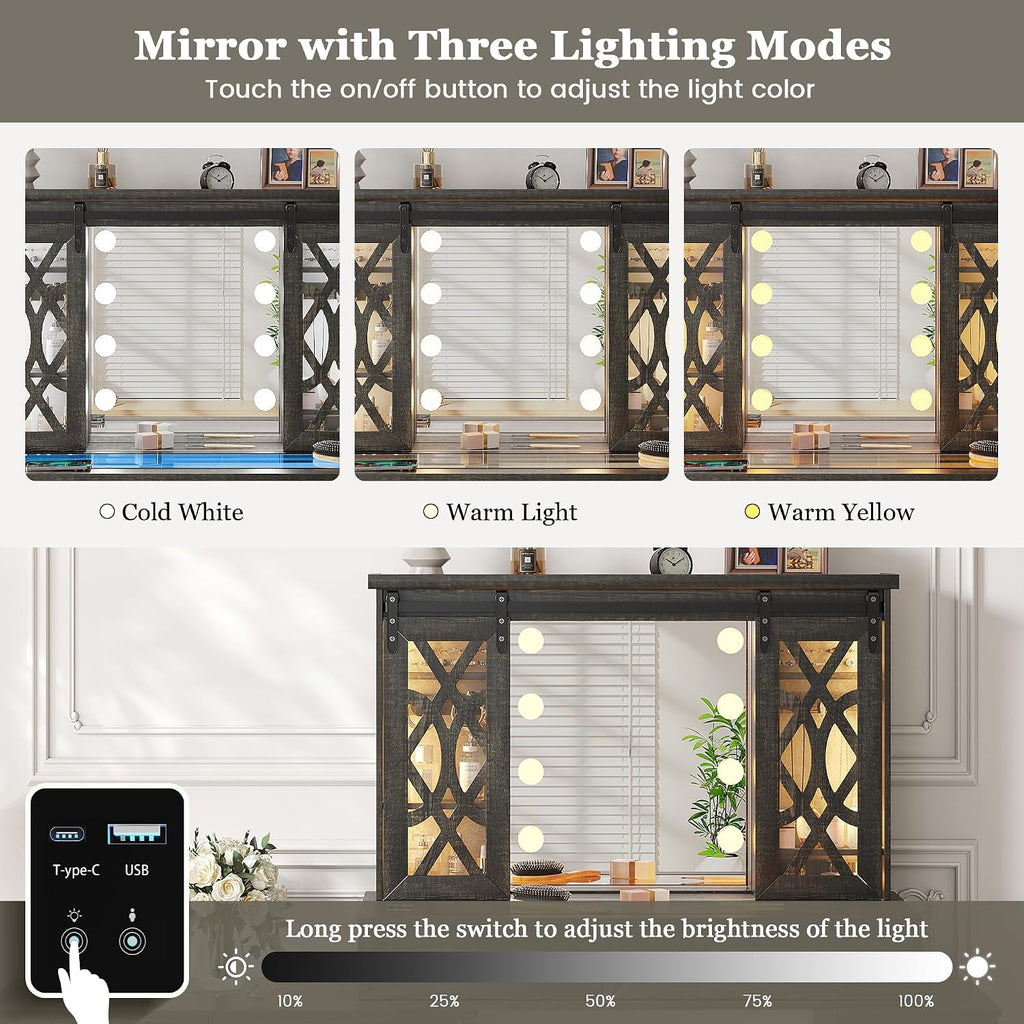 Farmhouse Makeup Vanity with Mirror & Lights, Large Vanity Desk with 5 Drawers & 9 Storage Shelves, Dressing Table with Jewelry Armoire, Vanity Gifts for Wife Girlfriends Women/Lady Girl (Brown)