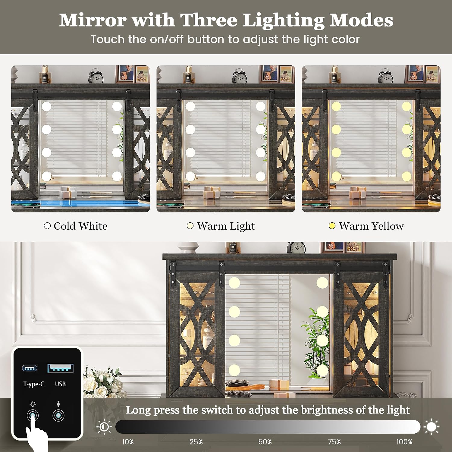 Farmhouse Makeup Vanity with Mirror & Lights, Large Vanity Desk with 5 Drawers & 9 Storage Shelves, Dressing Table with Jewelry Armoire, Vanity Gifts for Wife Girlfriends Women/Lady Girl (Brown)