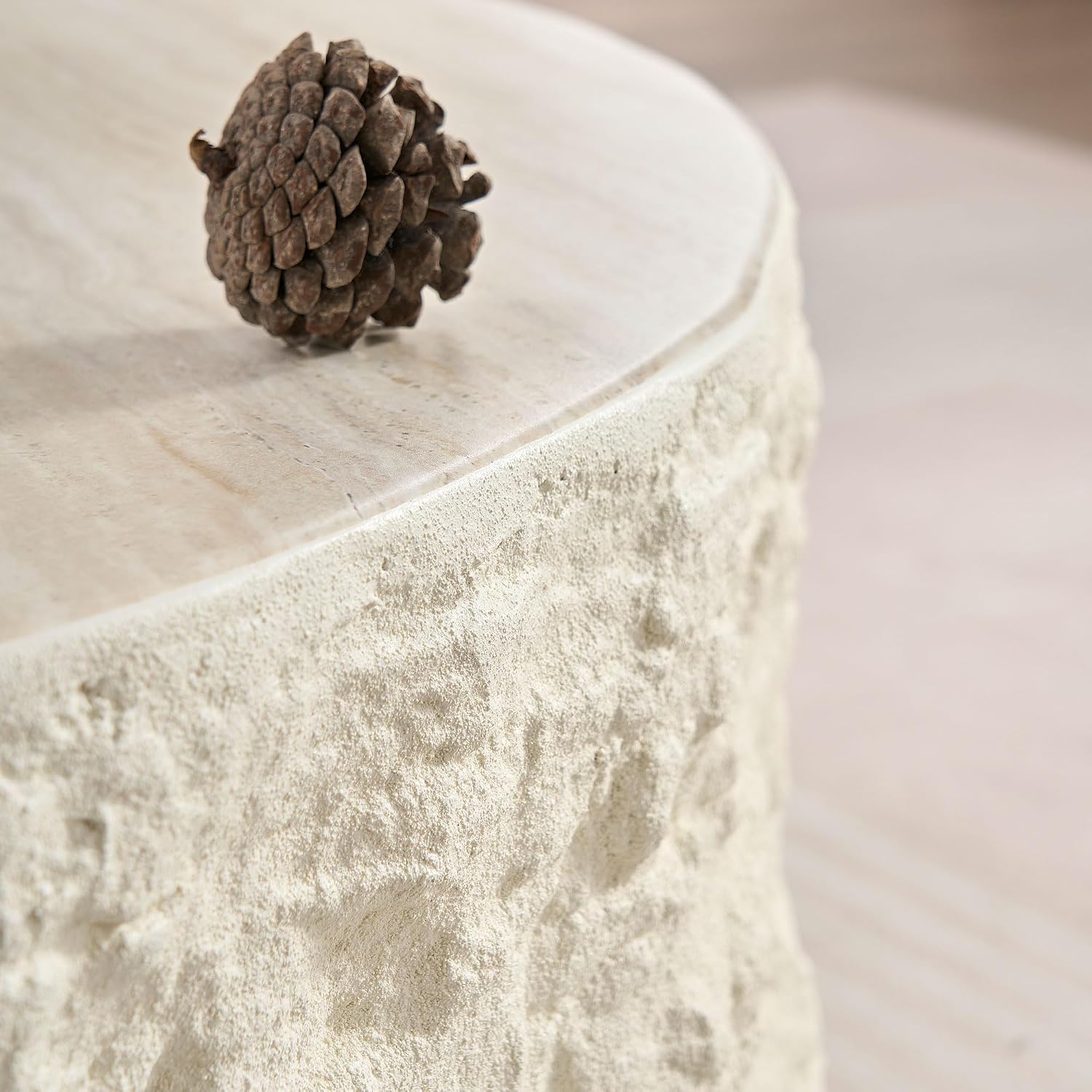 35.43' Modern Round Drum Coffee Table for Living Room, Circle Center Side End Table for Living Room, Office, Apartment, No Assembly Falux Marble Mars Stone, Beige
