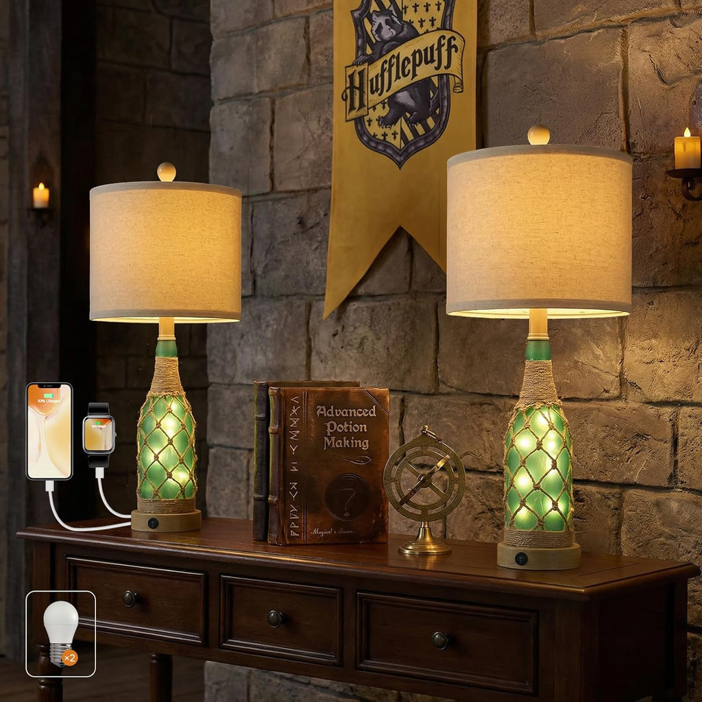 OYEARS 23'' Boho Table Lamps with Night Light for Living Room, Bedside Lamps Set of 2 with A+C Charging Ports for Bedroom, Farmhouse USB Lamps for Nightstand Console, Glass Bottle Rope Base, Green