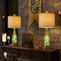 OYEARS 23'' Boho Table Lamps with Night Light for Living Room, Bedside Lamps Set of 2 with A+C Charging Ports for Bedroom, Farmhouse USB Lamps for Nightstand Console, Glass Bottle Rope Base, Green