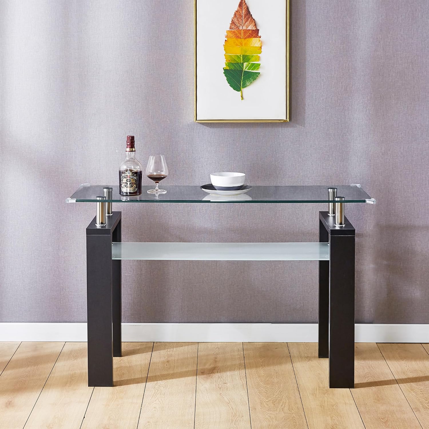47' Glass 2-Tier Console Table, Modern Rectangle Sofa Table with Metal Frame and Tempered Glass Shelf, Accent Narrow Table for Entryway Living Room, Bedroom