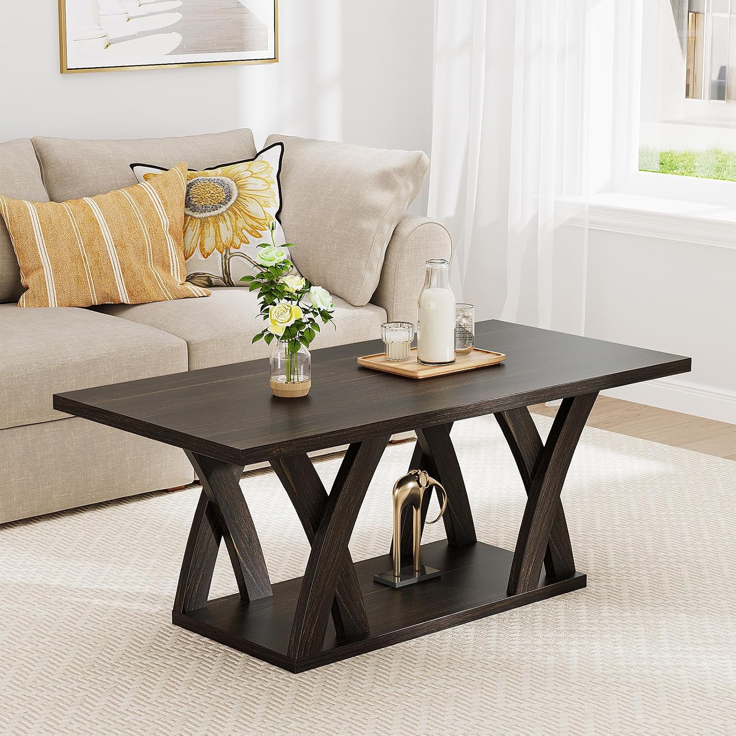47' Wood Coffee Tables for Living Room Rustic Stands with Storage Shelf Brown Coffee Tables for Living Room. Farmhouse Center Stands with Shelf Farmhouse Rectangle Center Table