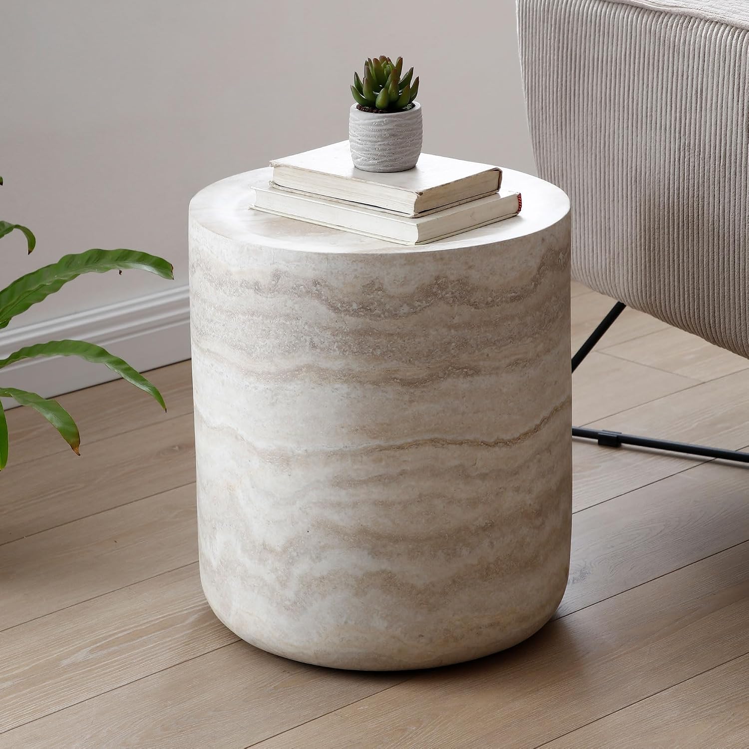 15.74' Round Coffee Table, Living Room Tables Round Coffee Tables, Small Side Table and Center Table for Bedroom Balcony Lounge Home Office, Fiberglass Material, Faux Travertine Textured Beige