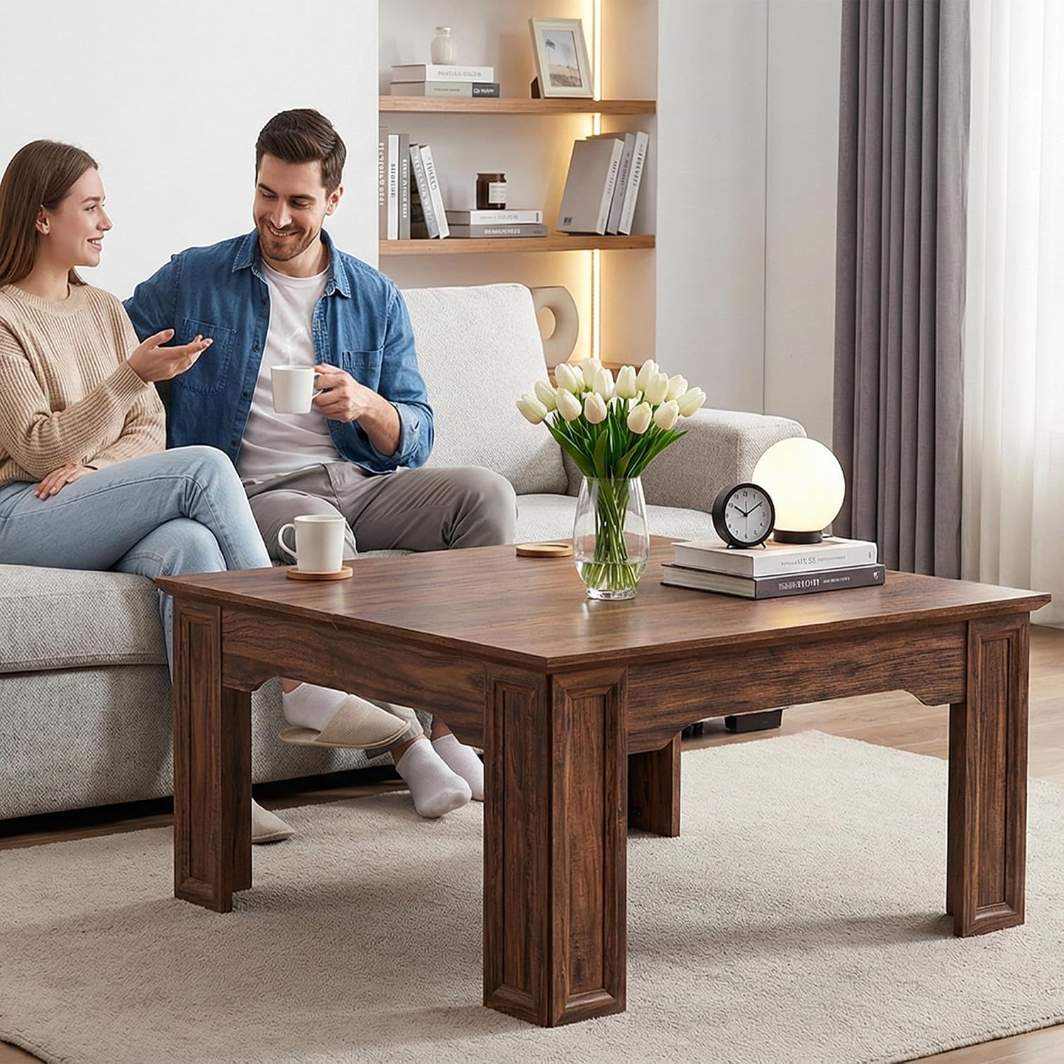 Square Coffee Table for Living Room, 39.4'' Farmhouse Wood Grain Finish Coffee Table with Carved Legs, Rustic Simple Style Center Table, Easy Assembly, Walnut Wood