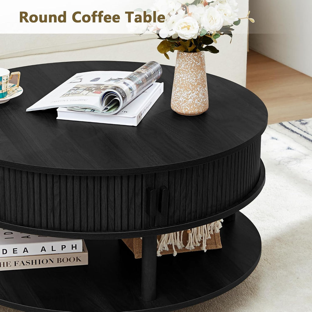 RARZOE 31.5' Round Coffee Table with Storage, Wood Circle Coffee Table with Sliding Cabinet Doors, Fluted Dining Table Accent Center Table for Living Room Home Office Apartment, Black