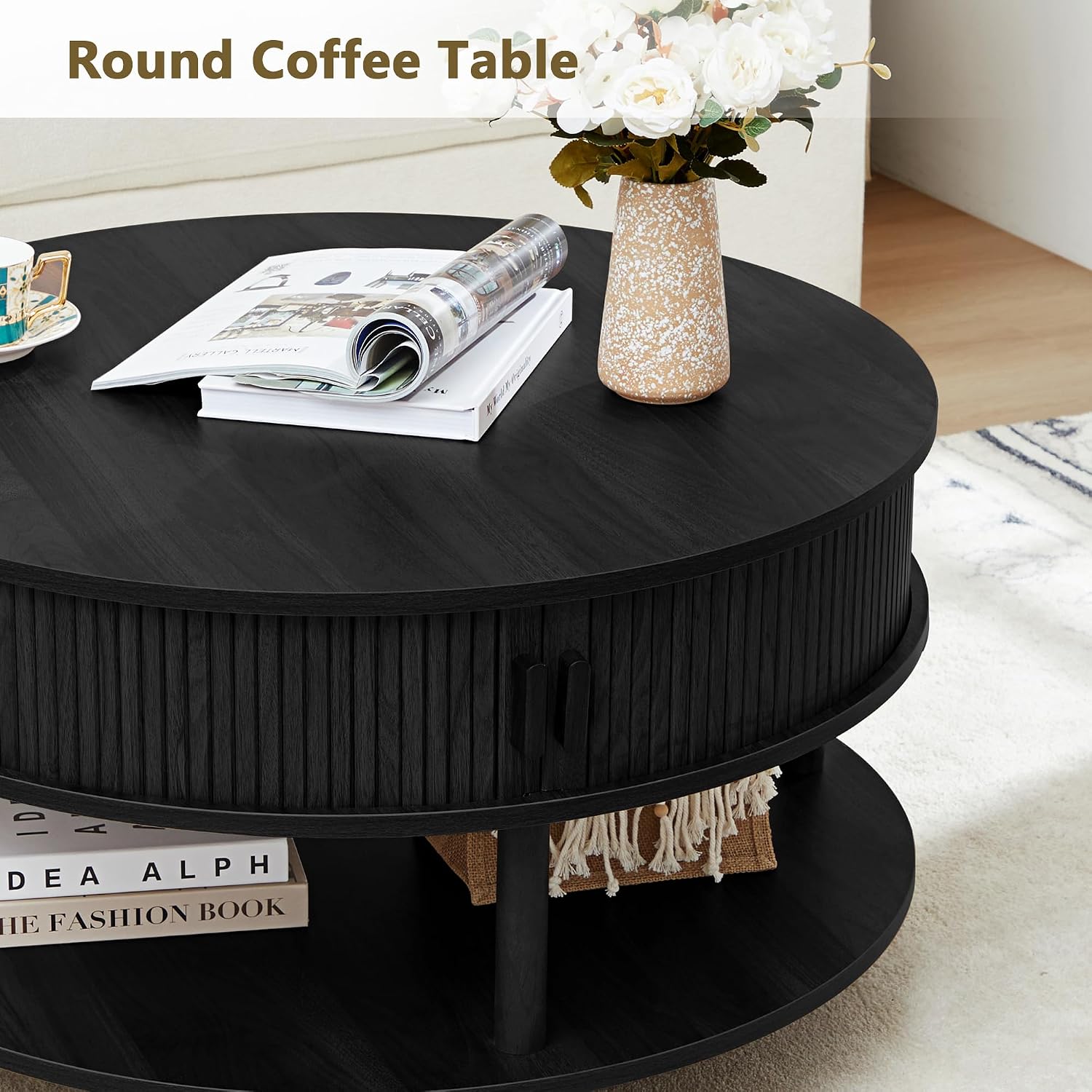 RARZOE 31.5' Round Coffee Table with Storage, Wood Circle Coffee Table with Sliding Cabinet Doors, Fluted Dining Table Accent Center Table for Living Room Home Office Apartment, Black