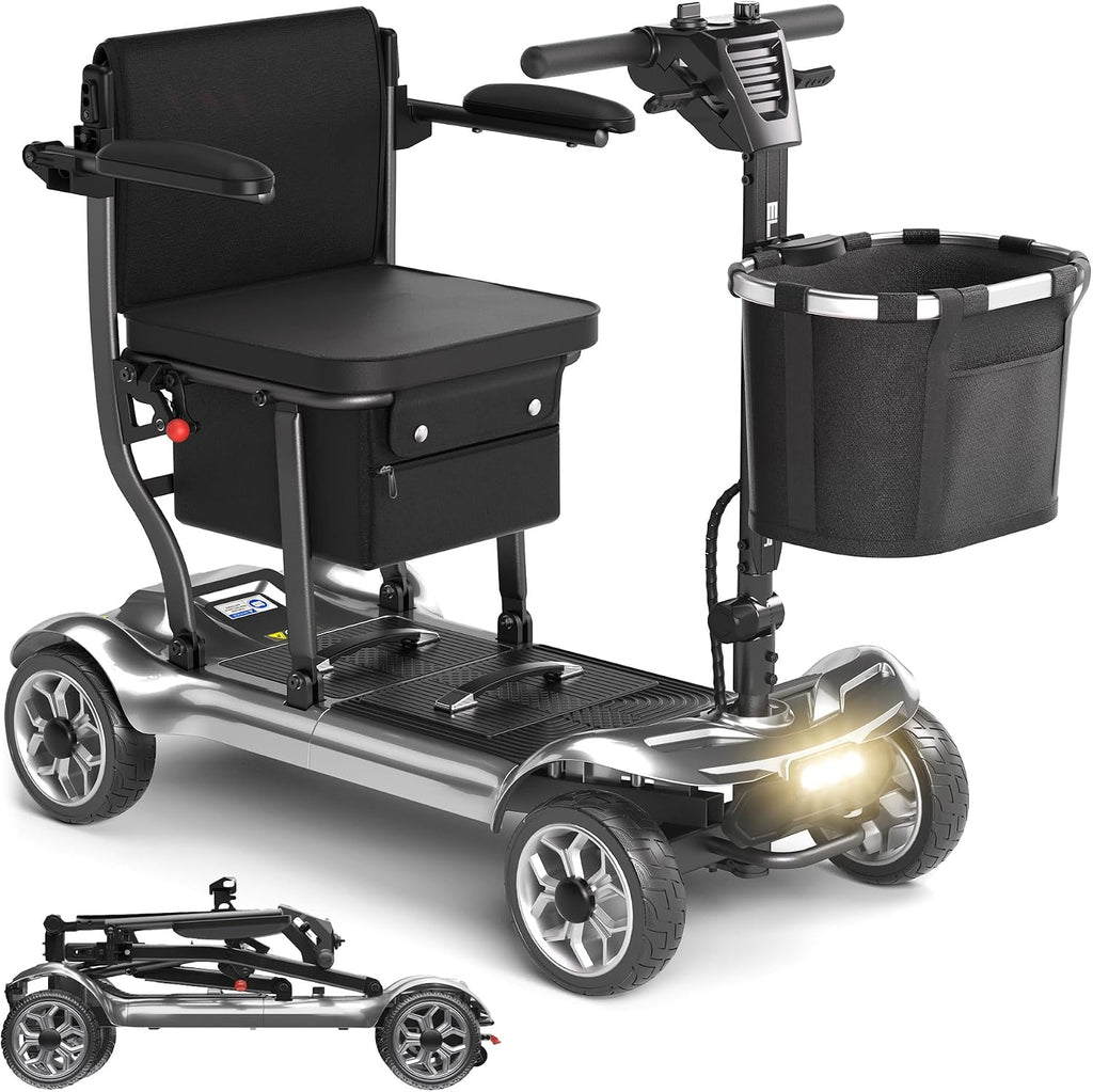 Foldable Mobility Scooter for Adults&Seniors - 43lb Lightweight Portable Motorized Scooters Airport Approved, 4 Wheel Travel Mobility Scooter w/Removable Battery, Dual Basket, 300lb Capacity, Silver