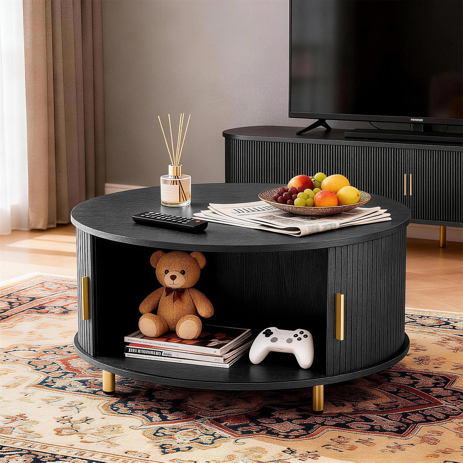 DHH Round Coffee Table, 31.5' Mid Century Modern Coffee Table with 360° Sliding Tambour Door, Fluted Accent Coffee Table with Storage Adjustable Footpads for Living Room, Black