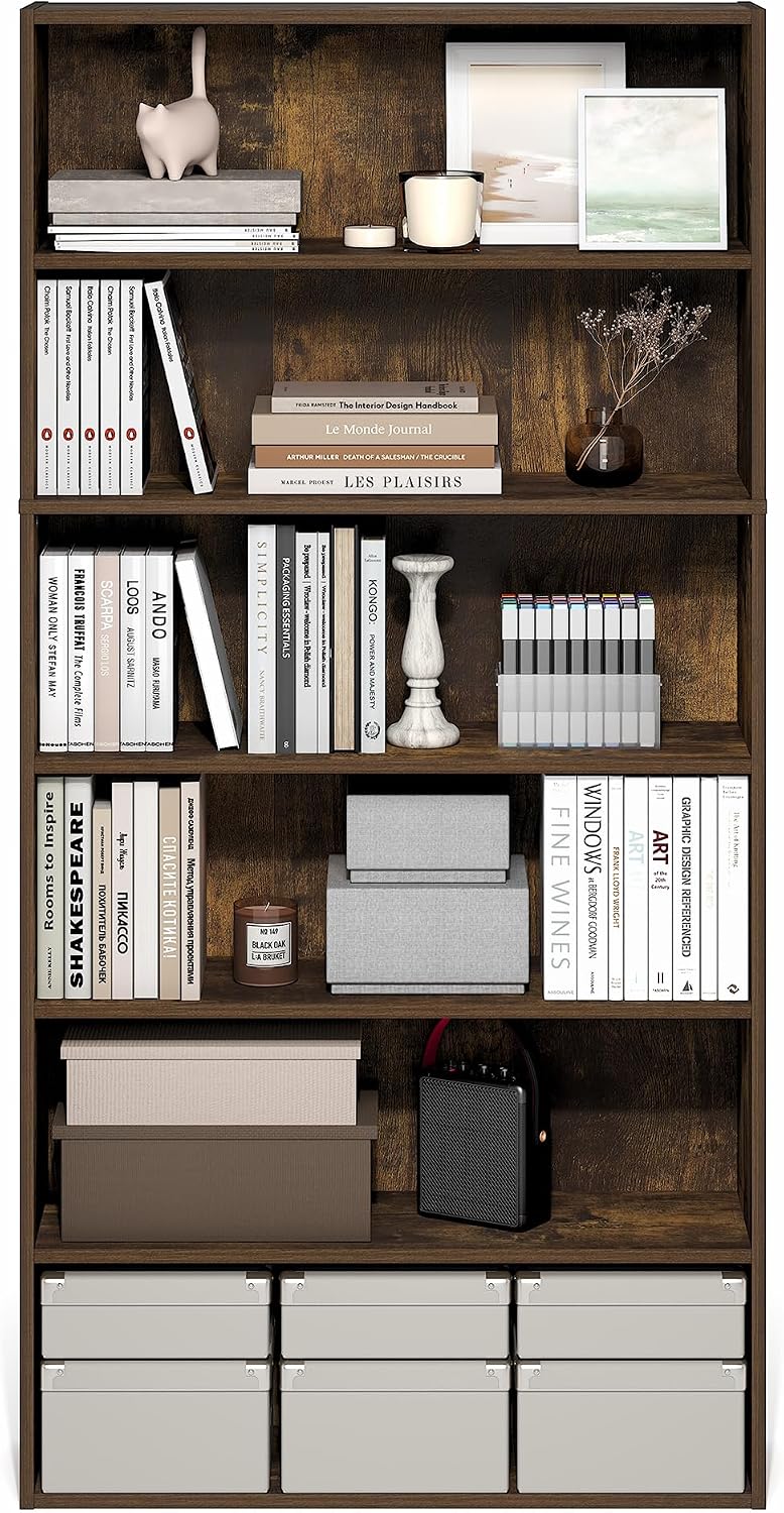 Furinno PASIR Book Shelf, 6-Tier Bookshelf with Open Storage Shelf, Standing Bookcase, 9.4 x 31.5 x 63, Easy Assembly, for Home Office, Bedroom, Living Room, Amber Pine