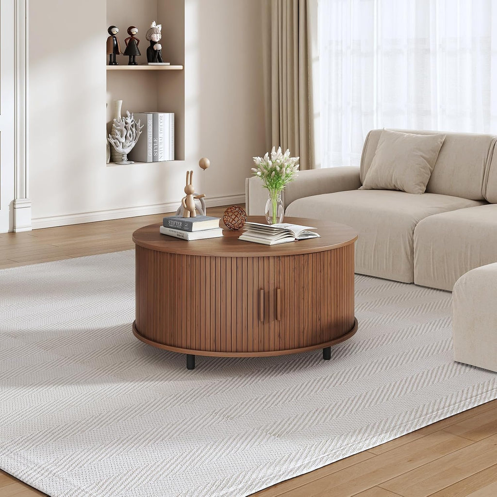 31.5 Inch Round Coffee Table, Fluted Coffee Tables with Storage, Mid-Century Modern Center Tables, Living Room Table with Sliding Door and Wood Handle for Living Room, Walnut
