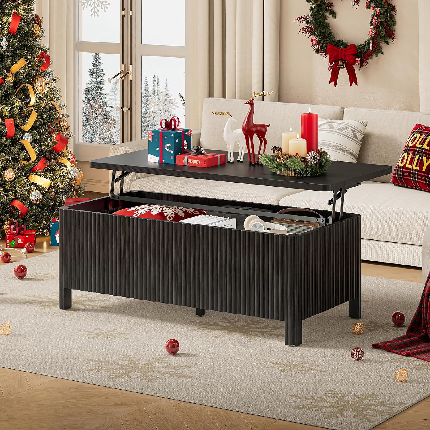 ONBRILL Fluted Lift Top Coffee Table with Storage, Mid Century Modern Coffee Table with Hidden Compartment, Rising Top Wood Center Table for Living Room, Home Office, Rounded Edges (Black)