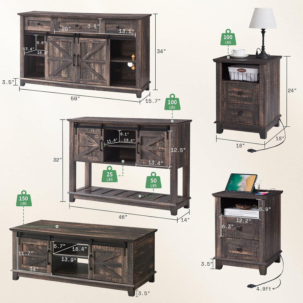 AMERLIFE Farmhouse 5-Piece Set, 18' End Tables Set of 2 with Charging Station,TV Stand for 65'+ TV, Storage Coffee Table & 46'' Entryway Table, Sliding Barn Doors,Adjustable Shelves, Rustic Oak Black