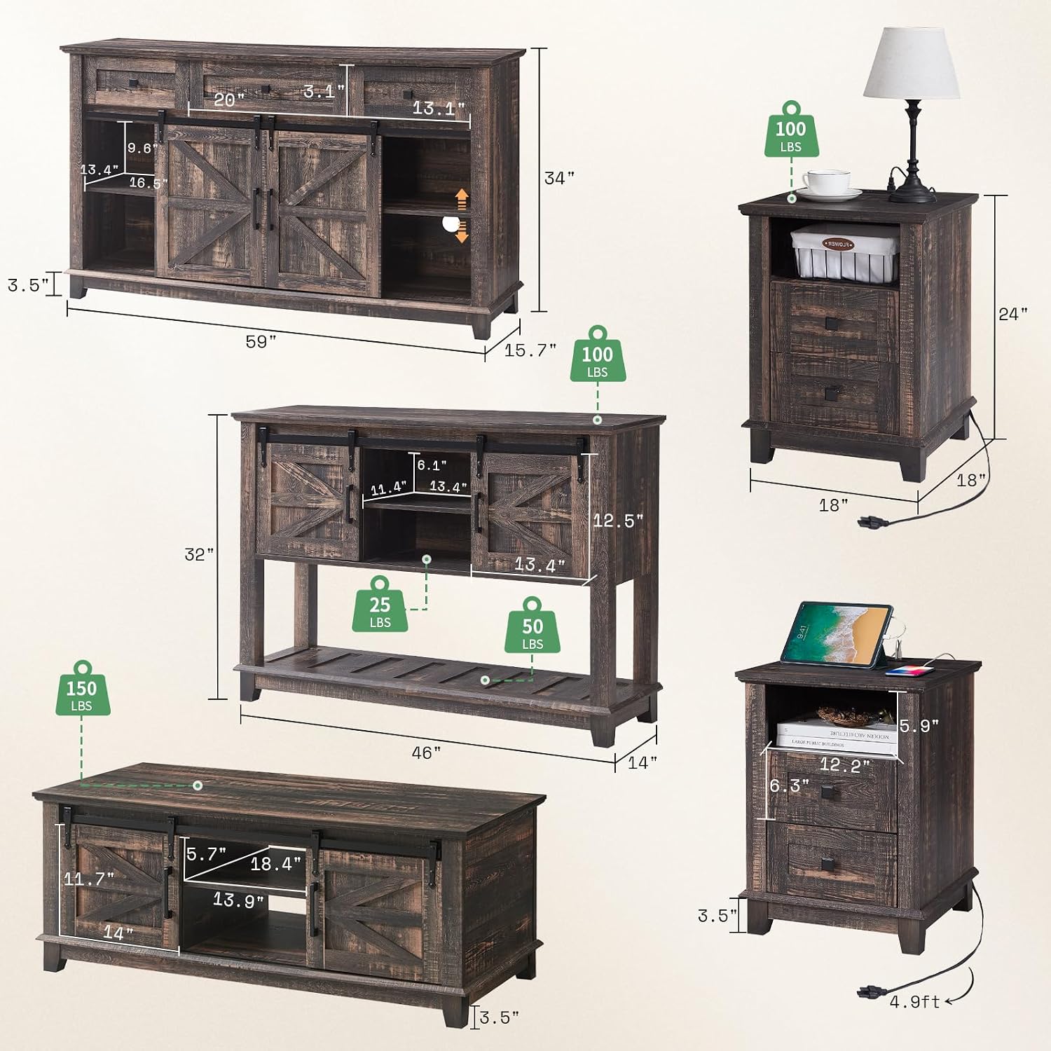 AMERLIFE Farmhouse 5-Piece Set, 18' End Tables Set of 2 with Charging Station,TV Stand for 65'+ TV, Storage Coffee Table & 46'' Entryway Table, Sliding Barn Doors,Adjustable Shelves, Rustic Oak Black