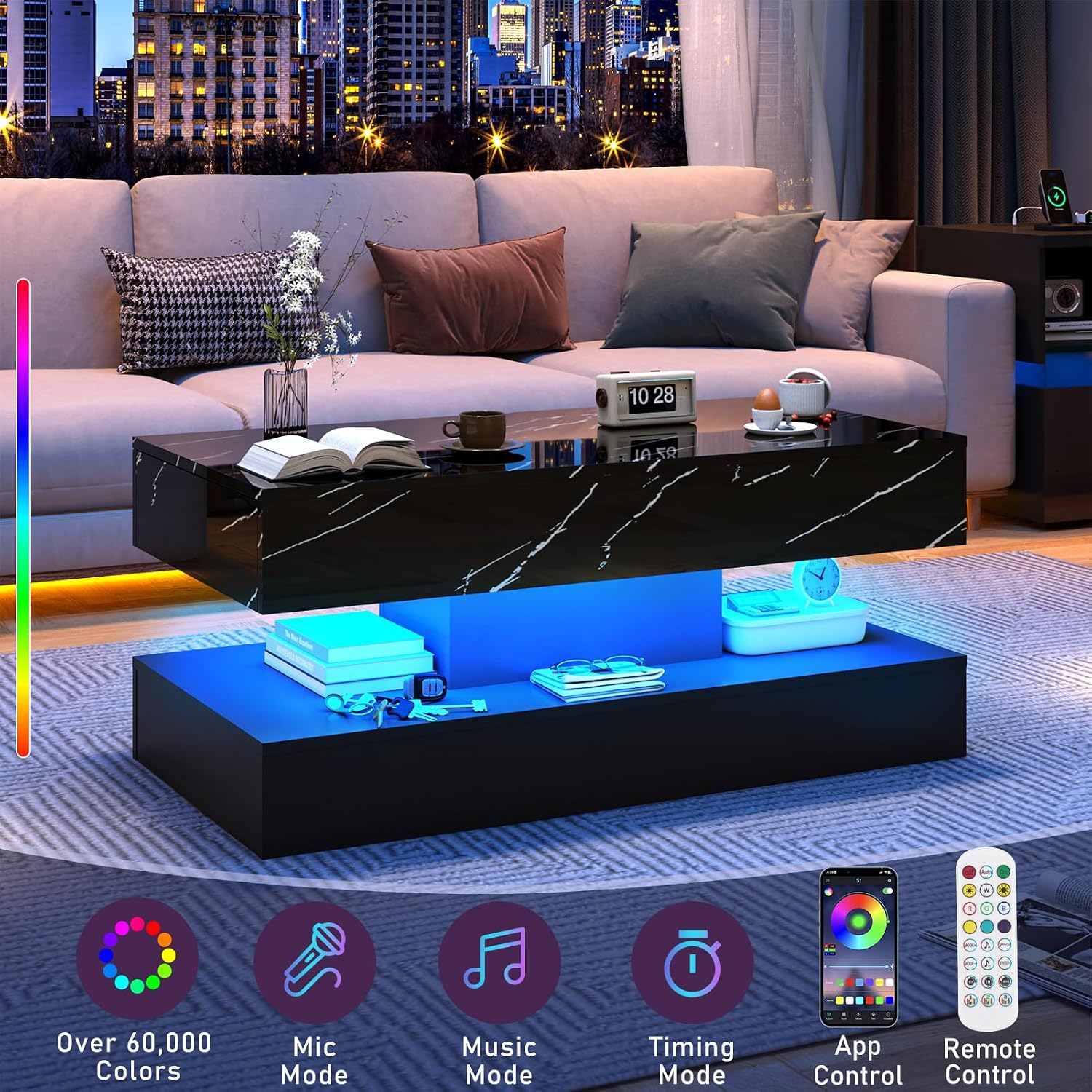 chartustriable 39.4' Large High-Glossy LED Coffee Table with 2 Sliding Drawers, Living Room Storage Coffee Tables with Marbling Print, Modern Stylish Double-Layer Center Tables w/LED Lights, Black