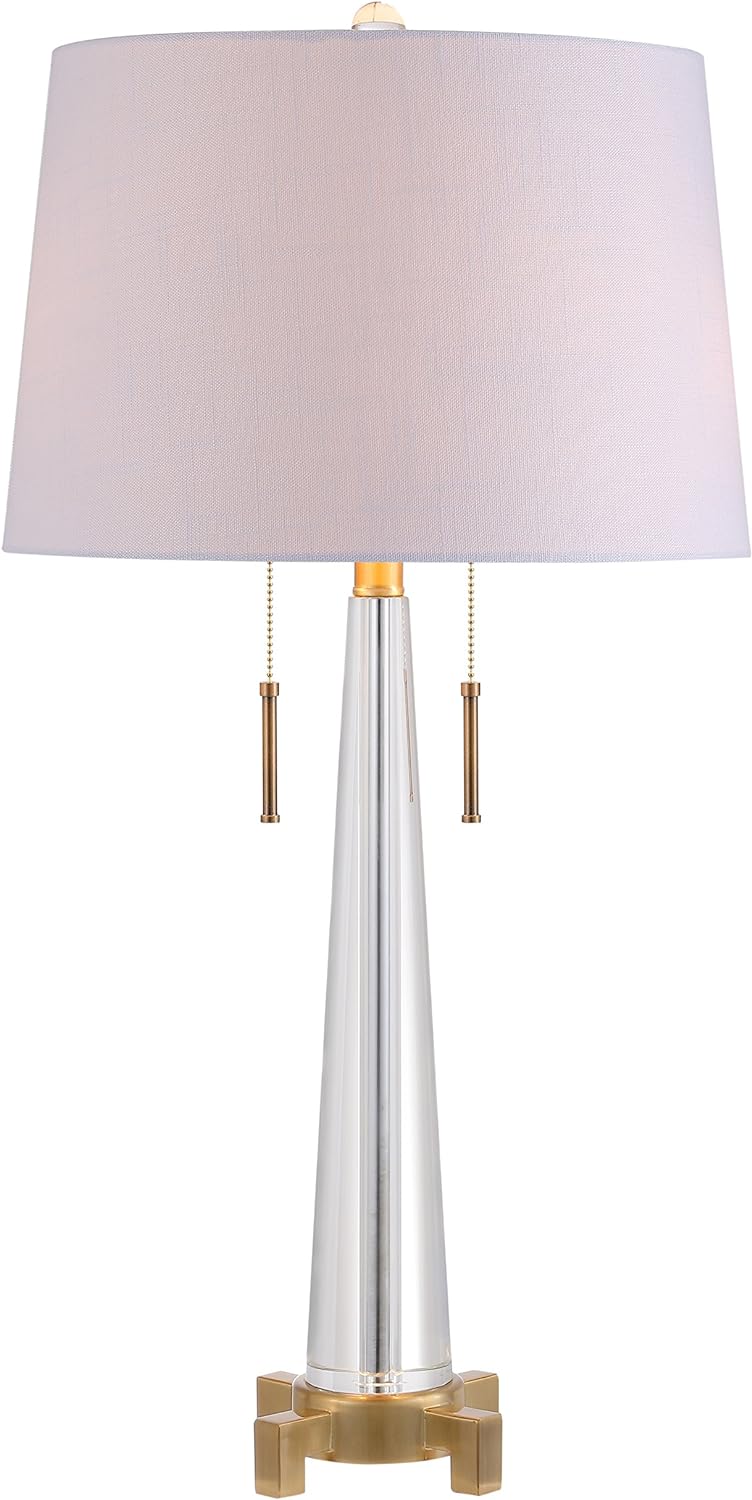 JONATHAN Y 29.5' Clear/Brass Gold 2-Light Crystal LED Table Lamp, Contemporary Glam Bedside Lamp for Living Room, White Linen Drum Shade, Pull Chain, LED Bulbs Included JYL2018A
