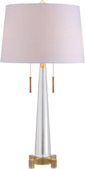 JONATHAN Y 29.5' Clear/Brass Gold 2-Light Crystal LED Table Lamp, Contemporary Glam Bedside Lamp for Living Room, White Linen Drum Shade, Pull Chain, LED Bulbs Included JYL2018A