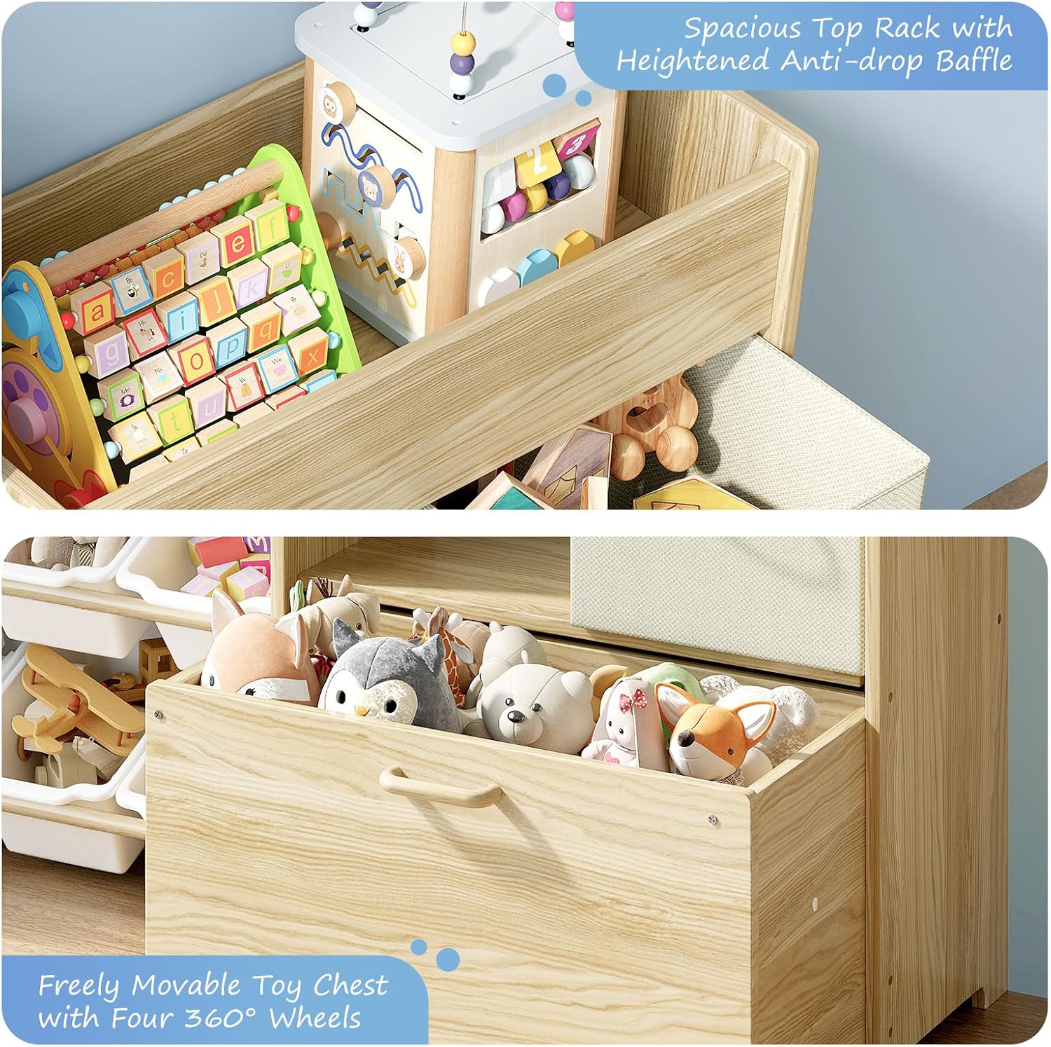 EXPERLAM Toy Storage Organizer for Kids, 9-Bin Toy Organizer with 2-Drawers, Movable Toy Chest and Top Rack, Multifunctional Kids Bookshelf and Toy Storage for Playroom, Bedroom, Nursery, White