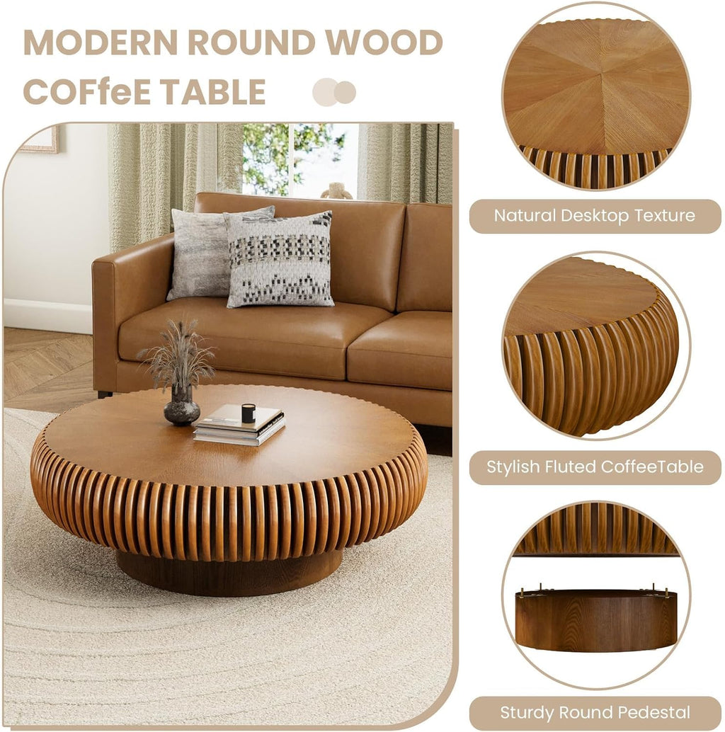 Fluted Drum Coffee Table Round Coffee Table for Living Room Mid Century Modern Coffee Tables with Sturdy Pedestal Circle Center Tea Table Accent Tea Table for Small Space Apartment (39.4inch Brown)
