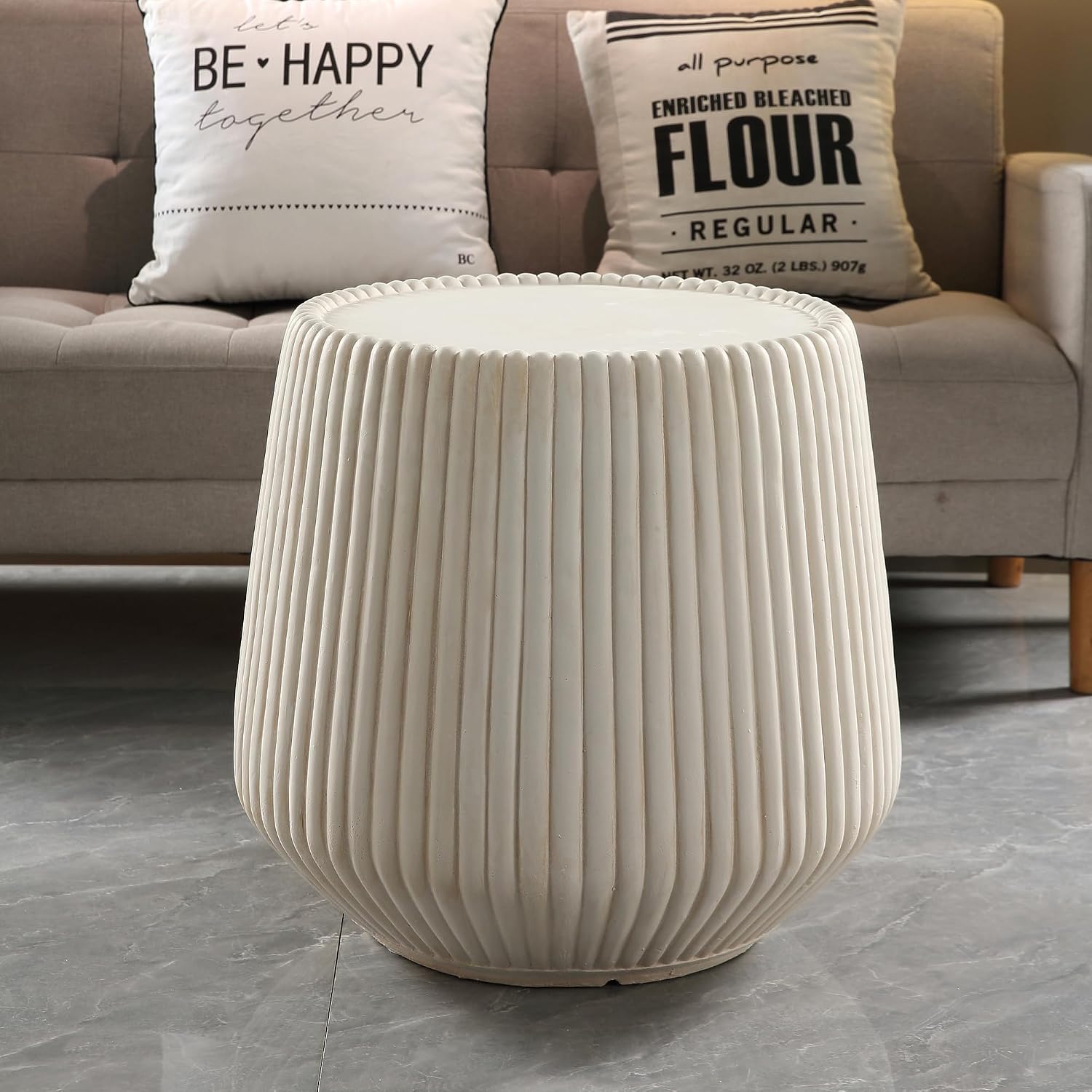 Off-White MGO Round Coffee Table for Indoors and Outdoors, 19.69' Mid-Century Modern Magnesium Oxide Fluted Drum Coffee Table, Circle Cocktail Tea Table for Living Room, No Assemble
