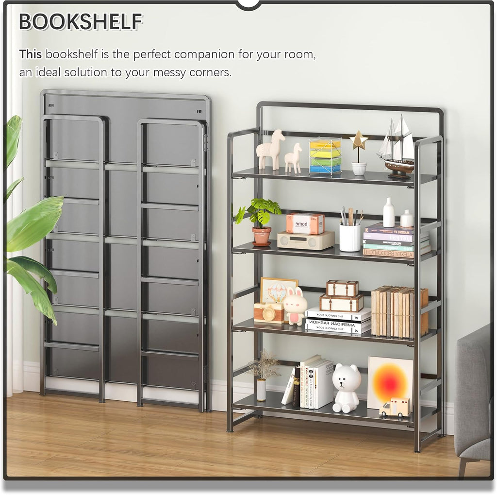 4NM No Assembly Extra Wide 4 Tiers Folding Bookshelf Storage Shelves Vintage Bookcase Standing Racks Study Organizer Home Office (All Black)