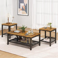 furlinkhm Coffee Table Set of 3, Industrial Coffee Table with 2 Square End Side Tables, Modern Living Room Table Set, with Metal Frame, for Apartment Home Office, Brown