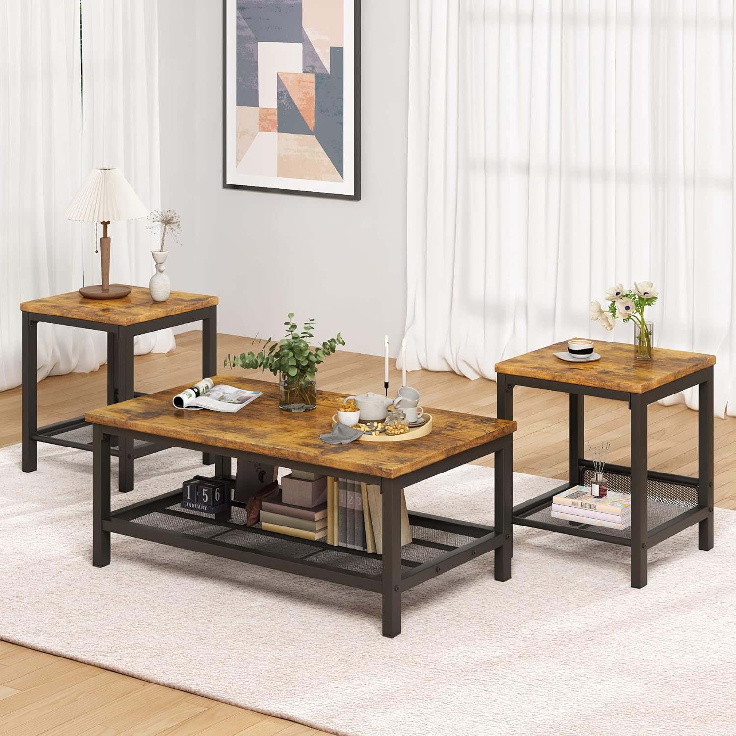furlinkhm Coffee Table Set of 3, Industrial Coffee Table with 2 Square End Side Tables, Modern Living Room Table Set, with Metal Frame, for Apartment Home Office, Brown